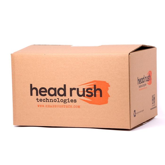 custom shipping box with Head Rush Technologies logo on the side