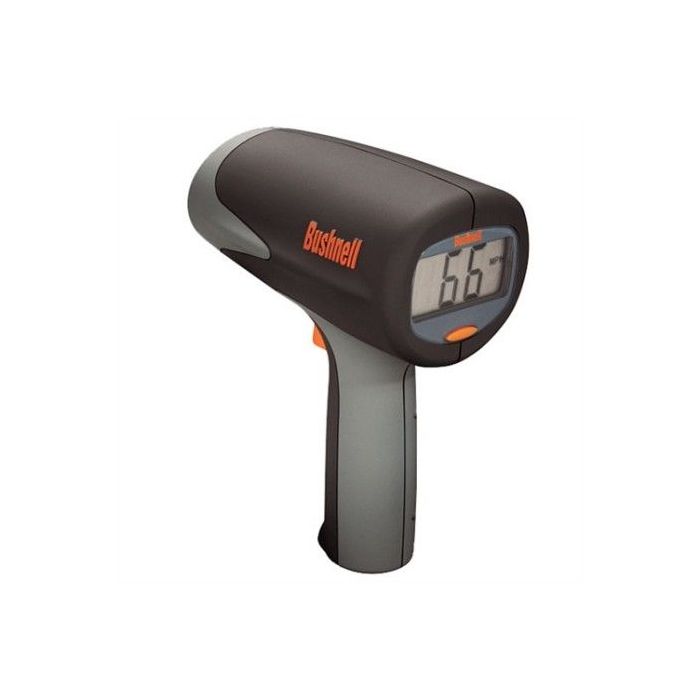 Black and silver Bushnell Velocity Speed Gun and radar gun with orange accents