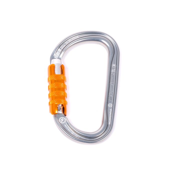 Petzl AM'D Triact Auto-Locking Carabiner in a d shape in silver with an orange auto-locking gate.