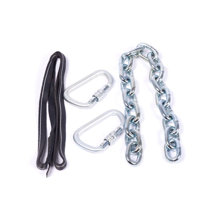 Mounting kit for TRUBLUE Auto Belay and QUICKflight Free Fall Devices including nylon climbing webbing, steel locking carabiners and a steel chain all rated for climbing anchors.