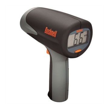 Black and silver Bushnell Velocity Speed Gun and radar gun with orange accents