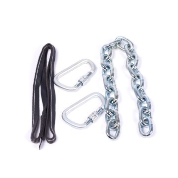 Mounting kit for TRUBLUE Auto Belay and QUICKflight Free Fall Devices including nylon climbing webbing, steel locking carabiners and a steel chain all rated for climbing anchors.