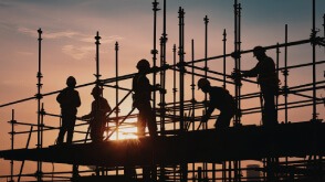Construction workers on scaffolding, with large equipment attached to a TruBlue SafeLine