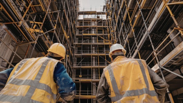 A foreman instructs a jouneyman below construction scaffolding