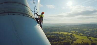 A worker securely works on a wind turbine knowing they can quickly egress during an emergency with TruBlue SafeLine